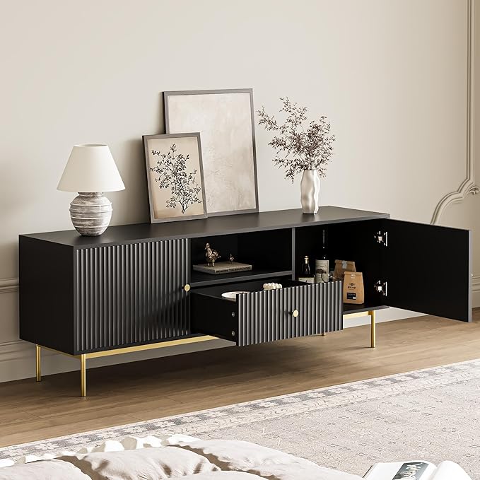 Fluted TV Stand, Modern TV Stand for 70 Inch TV, Entertainment Center with 2 Storage Cabinets, Fluted Panel Media Console for Living Room, Bedroom, Office, Black