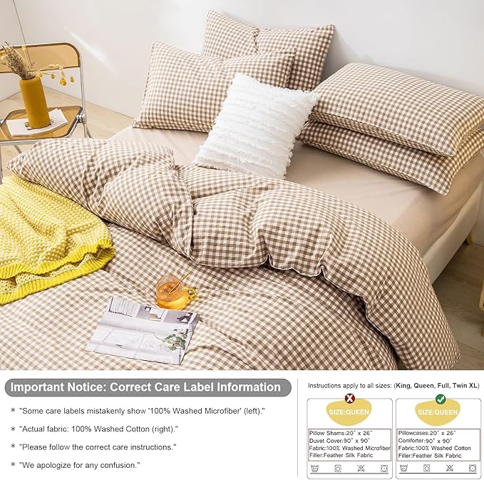 mixinni Tan Gingham Comforter Set Full, Plaid Comforter Set 3 Pieces 1 Beige Grid Comfoter with 2 Pillow Cases for All Seasons, Soft Fluffy Modern Grid Pattern Printed Bedding-Full Size