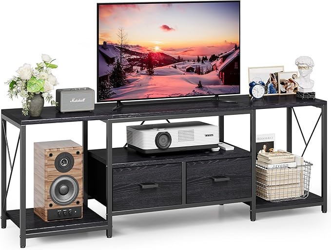 Homeiju TV Stand for TVs up to 75 Inch, Entertainment Center with Fabric Drawers, TV Media Console Table with Open Storage Shelves for Living Room, Bedroom, Black