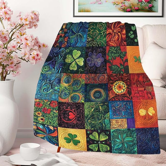 St Patricks Day Throw Blanket, Patchwork Style, Printed Shamrock Clover Blanket Gift for Women and Men, Lightweight Soft Fleece for Couch, Bed, Sofa, and Home Decor, 50x60 Inches