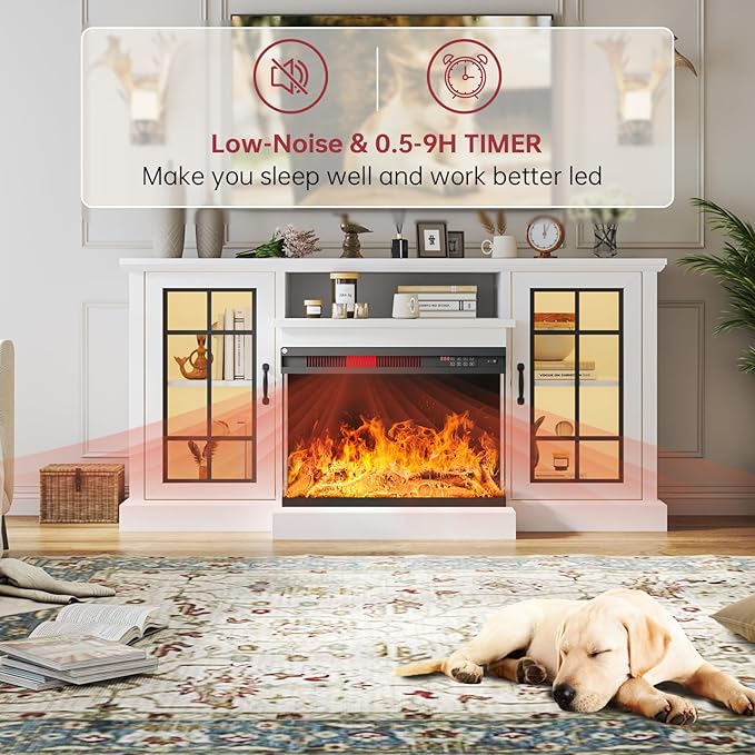 oneinmil 59'' Fireplace TV Stand, 3 Sided Glass Media Entertainment Center Console Table for TVs up to 65'' with Glass Door Adjustable Flame LED Color for Living Room, Set of TV Table, White