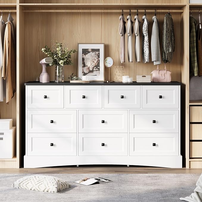 Hasuit Dresser for Bedroom with 10 Drawers, 55.2" Long Dressers with Charging Station, Farmhouse Chest of Drawers, Large Wooden Storage Tower Organizer, Dresser for Bedroom Closet, White and Black