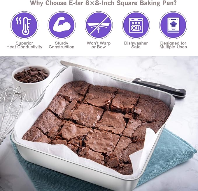 E-far 8 x 8-Inch Baking Pan, Square Cake Brownie Baking Pans Stainless Steel Bakeware Set of 3, Fits in Small Toaster Oven, Non-toxic & Dishwasher Safe