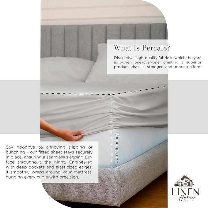 Linen Home 100% Cotton Percale Sheets Twin XL Size, Silver, Deep Pocket, 3 Pieces Set - 1 Flat, 1 Deep Pocket Fitted Sheet and 1 Pillowcase, Crisp Cool and Strong Bed Linen