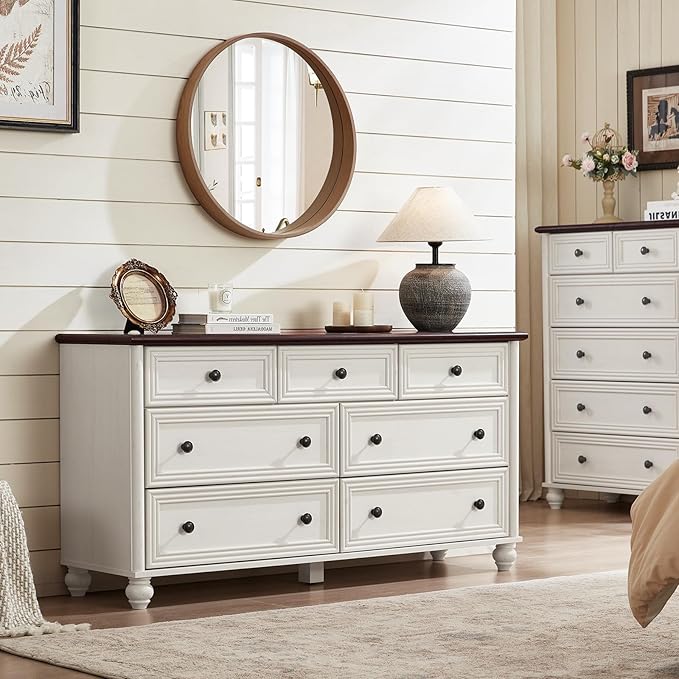 Farmhouse Dressers & Night Stand Set of 3, Wood 54" Wide Dresser & 43.5"Tall Chest of Drawers, 18" with Charging Station Nightstand, Bedroom Furniture 7 Drawer Dresser Set for Home Living Room Hallway