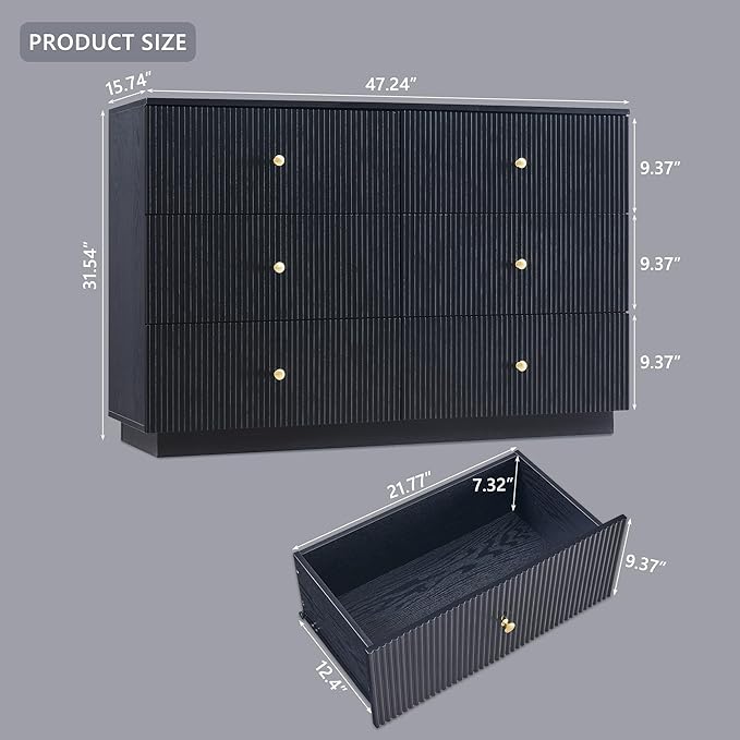 Fluted Dresser for Bedroom, 47" Black 6 Drawer Dressers, Wood Tall Dresser Storage Organizer, Modern Chest of Drawers with Deep Storage for Closet Hallway, Entryway, Living Room, Black