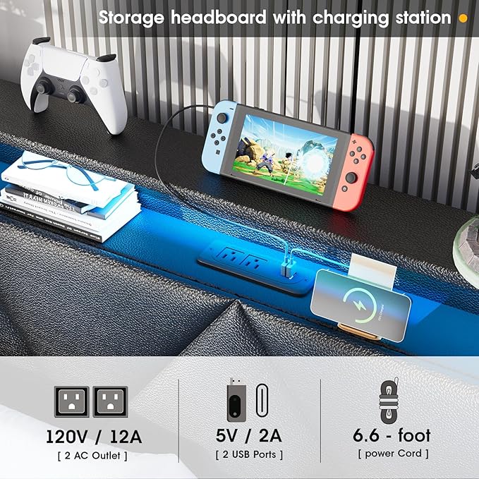 Vabches Full Bed Frame with Storage Headboard and 4 Drawers,Upholstered Platform with Charging Station and Led Lights,Adjustable Headboard with Pu Leather,No Box Spring Needed,Black