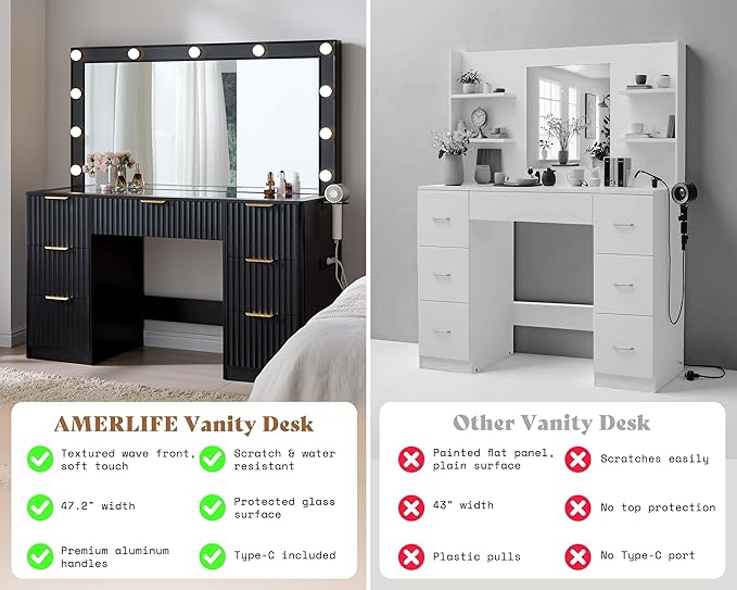 AMERLIFE 47.2" Fluted Vanity Desk with Large Mirror and Adjustable LED Lights, 7 Drawers Makeup Table with Glass Top and Charging Station for Women and Girls, Bedroom or Dorm, Black