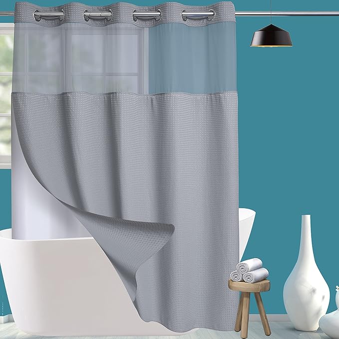 Conbo Mio Extra Long No Hook Waffle Weave Shower Curtain with Snap in Liner Set, Hotel Luxury Grey Shower Curtains for Bathroom with See Through Top Window, Waterproof, Washable 71W x 84H