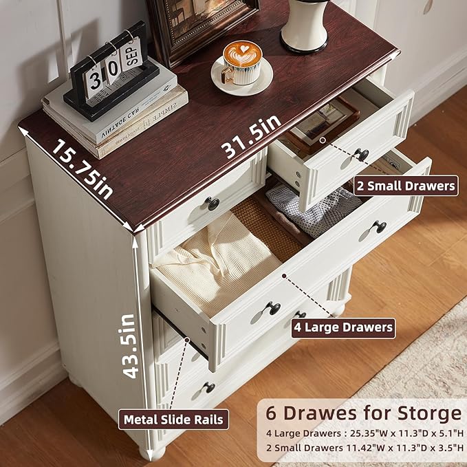 Farmhouse 6 Drawer Dresser Set of 2, Chest of Drawers for Bedroom, 43.5" Tall White Dresser with Roman Column, Rustic Wood Storage Dressers Organizer for Living Room, Hallway, Closet
