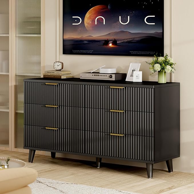 Lulive Black Dresser for Bedroom Wood Dressers Chest of Drawers, Fluted 53.2" Wide Modern Long Dresser TV Stand 6 Drawers for Bedroom, Closet, Living Room, Hallway
