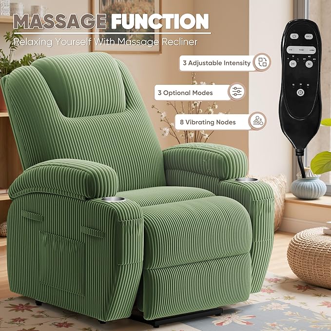 Power Lift Recliner Chair with Massage Electric Lift Chair for Elderly, Ergonomic Recliner with Cup Holders & Side Pockets, Modern Single Sofa for Living Room (Corduroy, Green)