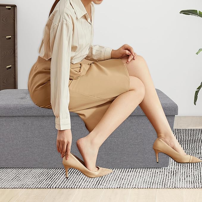 GLAXYFUR 43 Inches Folding Storage Ottoman Bench, Storage Chest, Footrest for Entryway, Living Room, Holds up to 660 lb, Light Grey