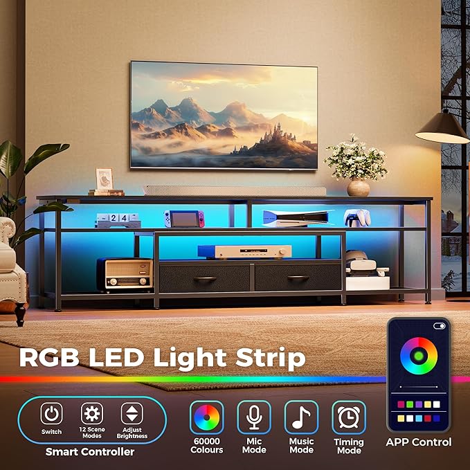 Huuger TV Stand for 75 80 Inch TV, Entertainment Center with Power Outlets and LED Lights, 70.9 Inch TV Console for Living Room, Media Console with Drawers and Shelves, Black