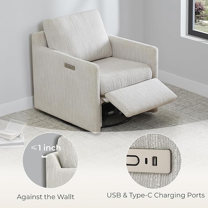 CHITA Swivel Accent Chair with Electric Footrests, FSC Certified Upholstered Living Room Sofa Chair with Power Motor, USB and Type-C Ports, Snow