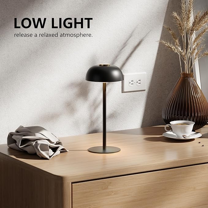 Portable 12-Inch Cordless LED Table Lamp, Rechargeable 3-Color Dimmable Light, Bedside Lamp for Bedroom, Desk, Outdoor, Dining Room, and Camping (Black)