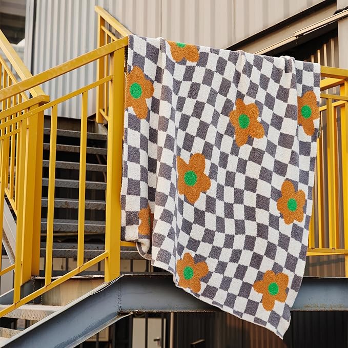 YIRUIO Checkered Throw Blankets Checkerboard Chessboard Warmer Comfort Super Soft Shaggy Cozy Decor for Home Bed Couch (Orange Floral, 51''x63'')