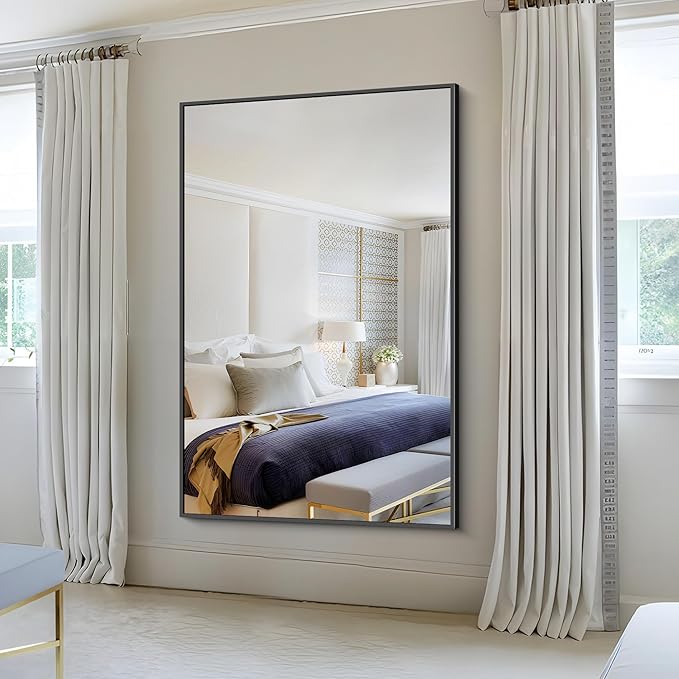 KOCUUY 60x40 Inch Large Black Wall Mounted Mirror,Aluminum Framed Decorative Rectangular Bathroom Mirror for Wall Over Sink,Vanity Mirror for Bedroom Living Room Bathroom,Functional Oversized Mirror