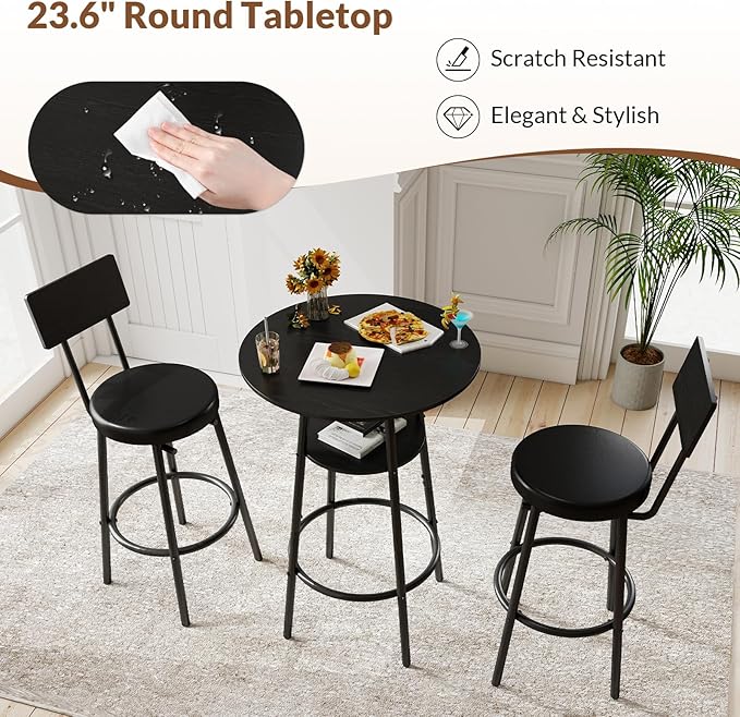 3 Pieces Round Bar Table Set, Small Dining Table for 2, Black Kitchen Bar Table, Breakfast Table with Storage, 2 Thickened Cushion Stools with Backrest for Dining Room & Bistro-Black