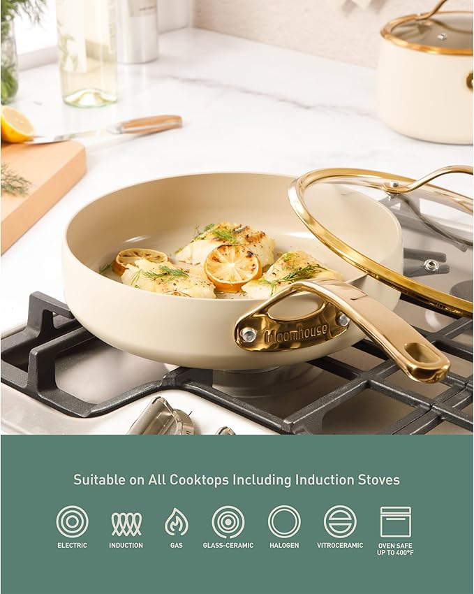 bloomhouse 8 Piece Pots and Pans Heavy Duty Aluminum Premium PFA Free Ceramic Nonstick Cookware Set - Almond Cream w/Gold Handle