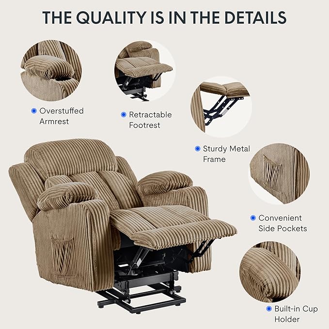 FLEXISPOT XL31 Power Lift Recliner Chair for Elderly, Electric Lift Chair with Massage & Heat, Corduroy Reclining Sofa w/Cup Holders, Side Pockets for Living Room Bedroom(Medium Size,Khaki)
