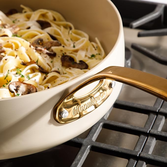 bloomhouse 6 QT Heavy Duty Aluminum Premium PFA Free Ceramic Nonstick Saute/Deep Frying Pan Skillet with Lid - Almond Cream w/Gold Handle