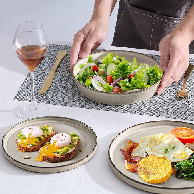 Herogo Dinnerware Sets with Pasta Bowls, 16 Piece Plates and Bowls Set for 4, Modern Stoneware Dinner Dishes for Kitchen Dinning, Dishwasher & Microwave Safe, Cream Khaki