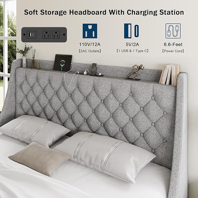 King Size Bed Frame with 4 Storage Drawers, Giant Upholstered Wingback Headboard, Fast Charging Station, No Box Spring Needed, Noise-Free, Light Gray