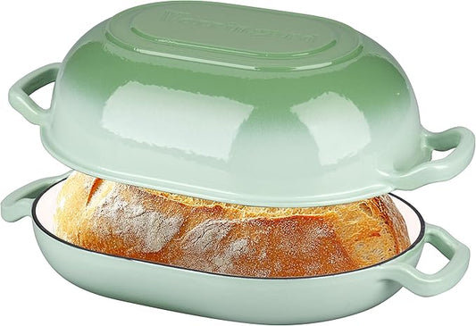 Enameled Cast Iron Sourdough Bread Oven, Dutch Oven, Loaf Cast Iron Bread Pan for Homemade Bread Baking, Meatloaf Pan with Lid, 7QT, Green