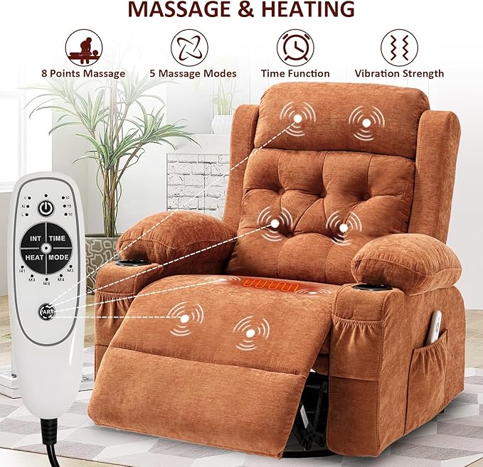 Overstuffed Rocker Recliner Chair with Massage and Heat, Mid Century Ergonomic Rocking Swivel Recliners Lounge Chair for Living Room, Manual Recliner Sofa Chairs with 2 Cup Holders, USB
