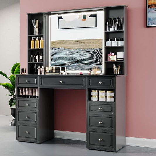 Vanity Desk with Mirror and Lights,47" Vanity Table with 9 Drawers, 10 Open Shelves, Makeup Vanity with HD Lighted Mirror for Bedroom, Brightness Adjustable, Makeup Storage (Black, A Panel)