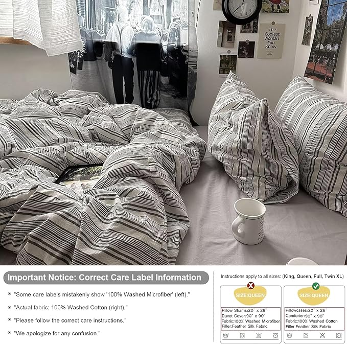 mixinni Vintage Grey & White Striped Comforter Set Full Size - Soft Washed Cotton 3-Piece Neutral Bedding Set, Retro Geometric Pattern, All-Season Breathable & Fluffy for Men, Boys