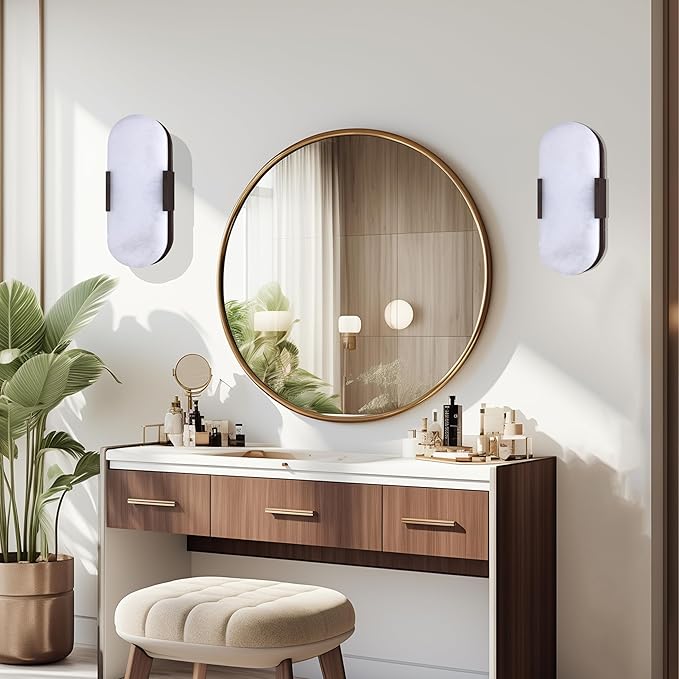 Doraimi Lighting 2 Light 12" Natural Oval Alabaster Marble Bathroom Wall Sconce Modern Concise Style Wall Light Fixture,Oil Rubbed Bronze Finish for Bedroom Hallway Bedside Living Room