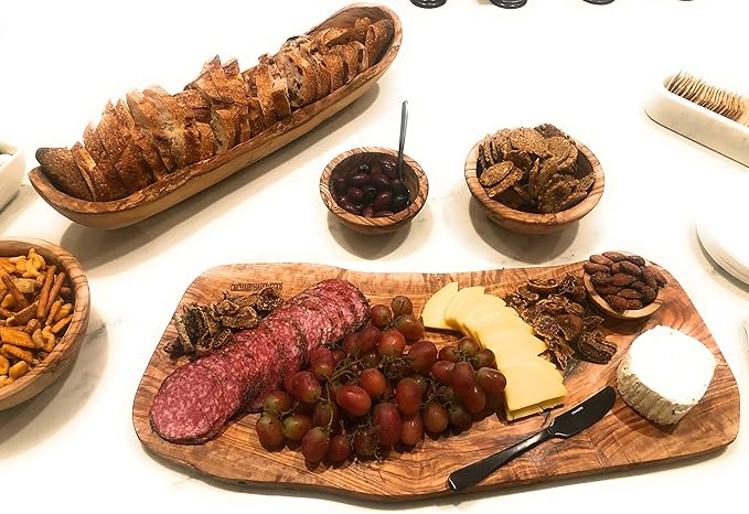 14" Rustic Olive Wood Bread Basket- Live Bark Edge, Oval Baguette Dough Bowl Natural Serving Bowl for Italian Bread, Fruit, Food. In Med 14", Lg 18" (Medium 14 x 3-4 x 1.5-3")