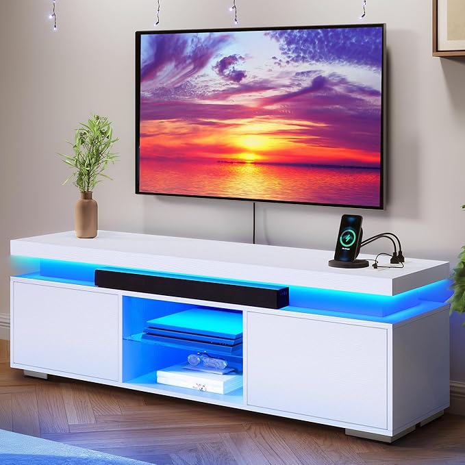 YITAHOME White TV Stands for Living Room, TV Stand for 65 inch TV, Entertainment Center with Storage,Modern TV Stand with Power Outlets & LED Light, TV Console Cabinet, White
