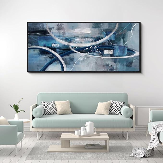 XLSJERST Large Abstract Canvas Wall Decor - Modern Living Room Wall Art Elegant Combination of Tones Black and White Gray Background Blue Gradient Picture