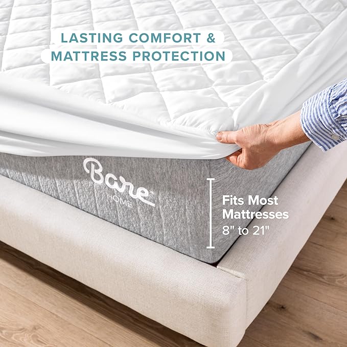Bare Home Twin XL Quilted Mattress Pad - Twin Extra Long - Soft Mattress Topper - College Dorm Room Essentials - Easily Washable & Comfortable - Fitted Cover - Up to 15 Inches Deep (Twin XL, White)