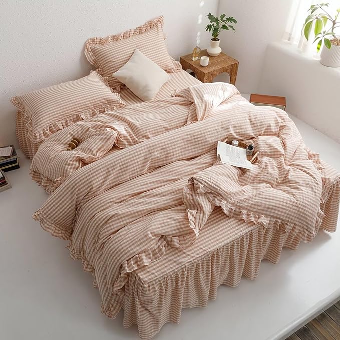 mixinni Vintage Pink Gingham Ruffle Comforter Set 3-Piece Washed Cotton Queen Size Grid Bedding Set with Geometric Checkered Pattern, Farmhouse Chic Soft Fluffy Comforter for All-Season