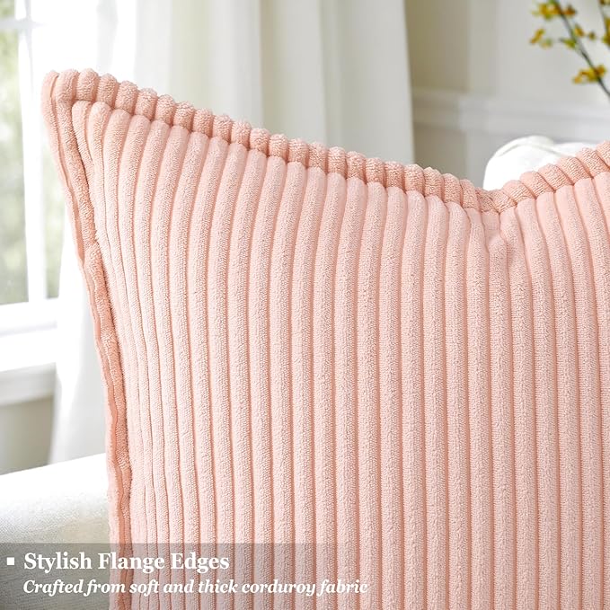 decorUhome Corduroy Pink Throw Pillow Covers 12x20 Set of 2 Decorative Soft Boho Striped Lumbar Neutral Euro Farmhouse Couch Pillow Covers with Broadside for Living Room Bed Sofa