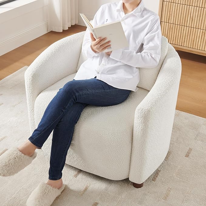 Boucle Accent Barrel Chair Set of 2, Cloud Reading Chair for Living Room & Bedroom, Furry Sherpa Armchair with Cozy Soft Throw Pillow Back, Comfy Upholstered Lounge Chair, Modern Single Sofa Chair