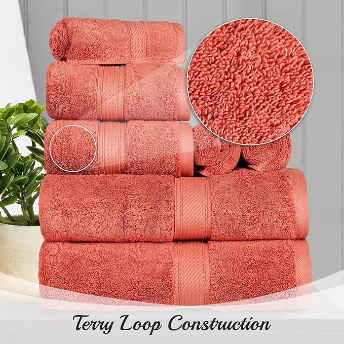 Superior Egyptian Cotton Pile 8 Piece Towel Set, Includes 2 Bath, 2 Hand, 4 Face Towels/Washcloths, Ultra Soft Luxury Towels, Thick Plush Essentials, Guest Bath, Spa, Hotel Bathroom, Coral