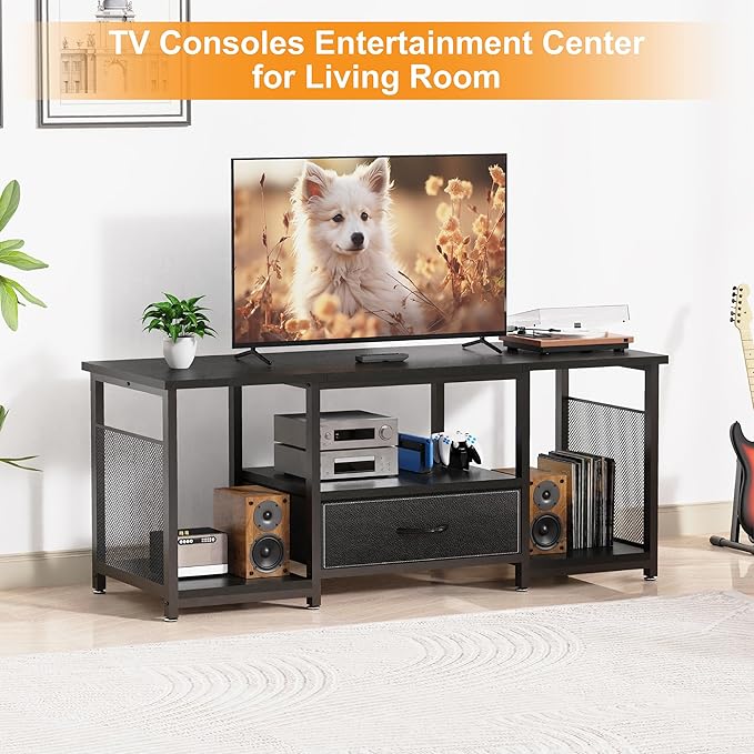 TV Stand with Drawers and Open Storage Shelves for 65 60 55 Inch TV, Entertainment Center with Open Storage Shelves, Industrial Media TV Console Table for Living Room Bedroom Office, Black