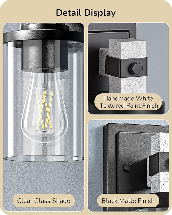 EDISHINE Wall Sconces Set of 2, Industrial Vanity Light Fixtures with Clear Glass Shade & White Textured Finish, 1-Light Wall Mount Lamp for Bathroom, Hallway, Living Room, Mirror, Kitchen