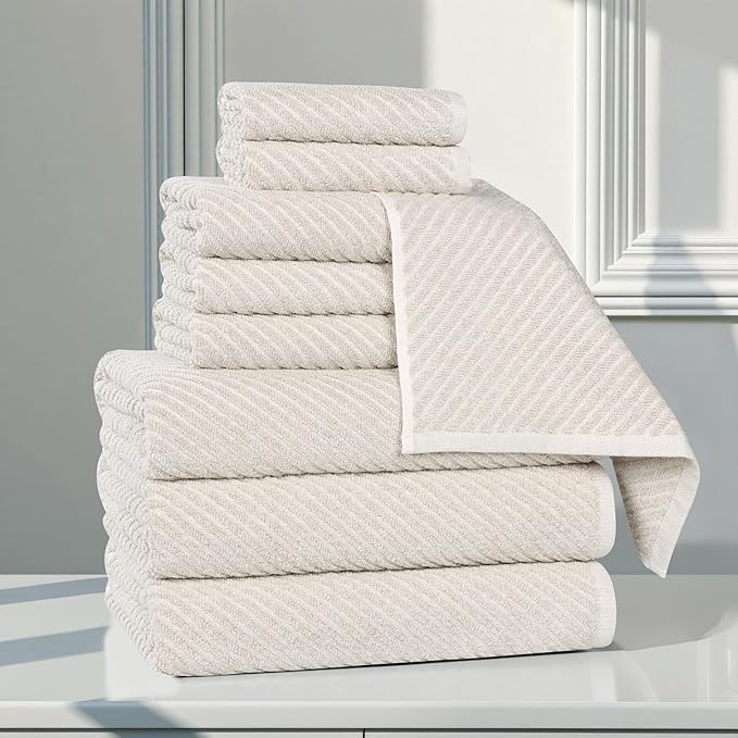 Superior Amelia Viscose Cotton Blend Medium Weight Towels, for Bathroom, Shower, Spa, Plush, Quick Dry, Ultra-Soft Towels, Bath Essentials, Ribbed Design, 9 Piece Assorted Towel Set, Beige