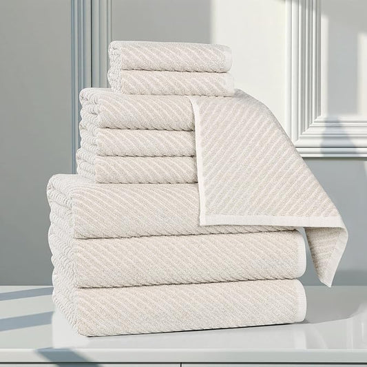 Superior Amelia Viscose Cotton Blend Medium Weight Towels, for Bathroom, Shower, Spa, Plush, Quick Dry, Ultra-Soft Towels, Bath Essentials, Ribbed Design, 9 Piece Assorted Towel Set, Beige