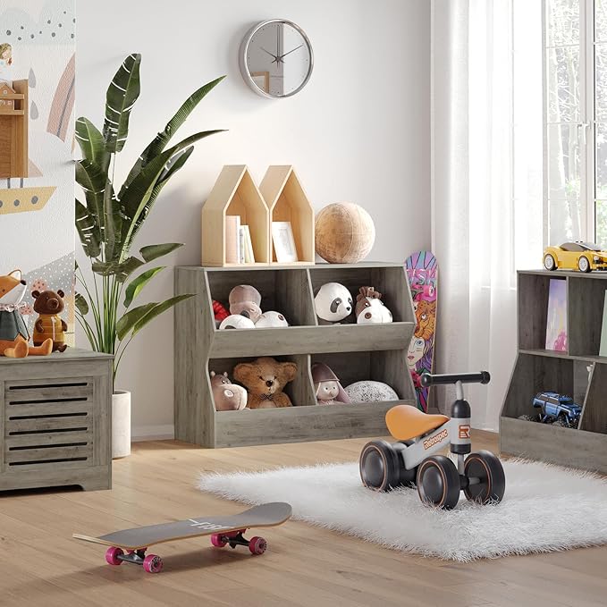 DINZI LVJ Kids Bookshelf, Toy Storage Organizer, Wooden Toy Storage Cabinet, 4 Cubby Children Bookcase, 43.3" L Toddler Book Shelf for Bedroom, Nursery, Hallway, School, Gray Wash