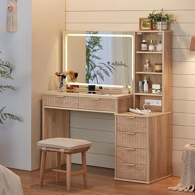 LEYAOYAO Vanity Desk with Mirror and Lights, 43.5'' Fluted Makeup Vanity with 6 Drawers and Adjustable Shelves, Natural Wood Make Up Vanity Dressing Table with Glass Top and Power Outlet for Bedroom