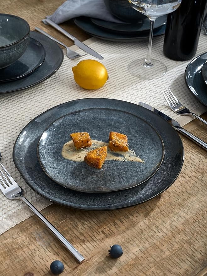 Famiware Moonlight Plates and Bowls Sets, 12 Pieces Stoneware Dinnerware Sets with Linen Finish, Handmade Dishware Set for 4, Microwave and Dishwasher Safe, Chip and Scratch Resistant, Dark Blue