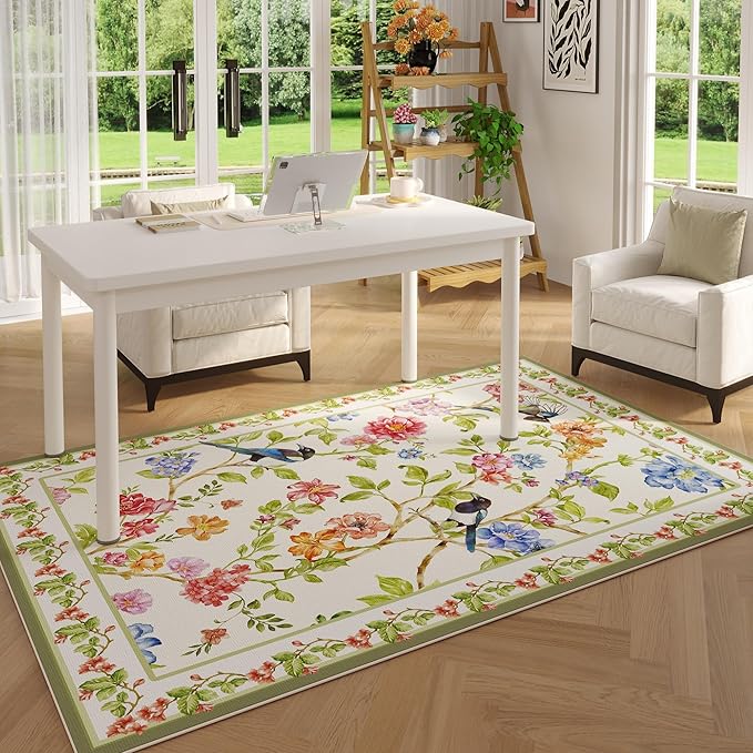 Bedroom Rug 3x5 Rug Washable Area Rug Non Slip Low Pile Floral Bird Magpies Animal Small Carpet for Bedroom, Bedside, Kitchen, Entryway, Kids Room, Office, College Dorm Essentials for Girls