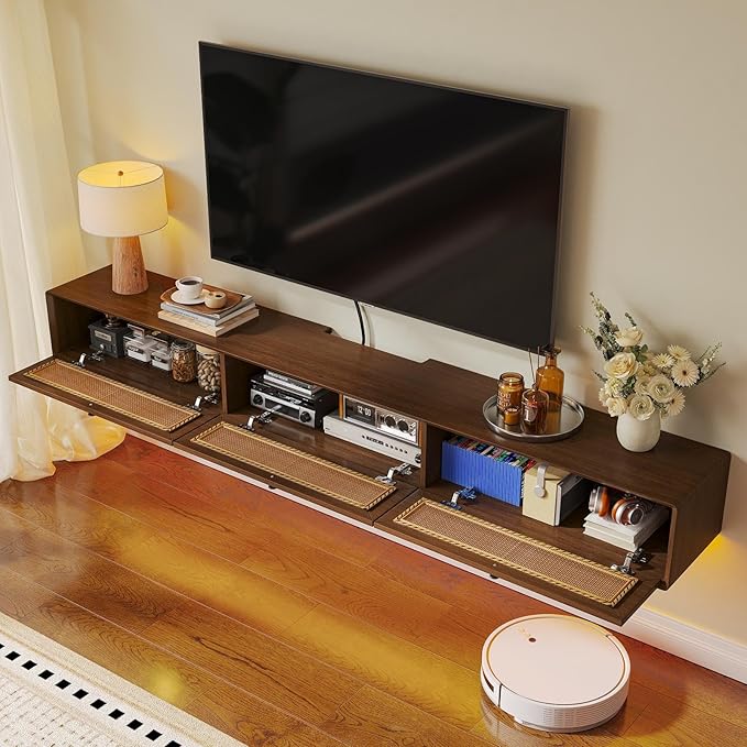 Fully-Assembled Floating TV Stand with 3 Rattan Doors, Rustic Floating Entertainment Center Under TV Shelf, Modern Large Storage Wall Mounted Media Console for Living Room Bedroom 55IN